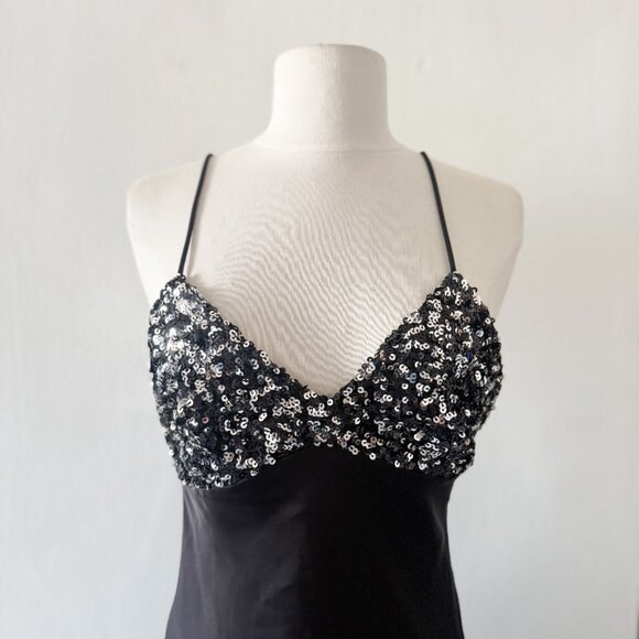 Zara Black Satin Silver Sequin Cami Slip Maxi Dress Party Cocktail Size XS - Picture 4 of 7